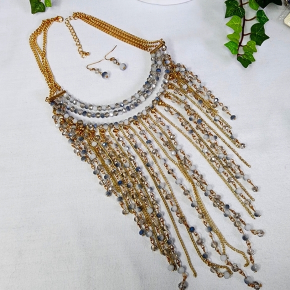 Statement Choker Necklace Earrings Set Cascading Crystal and Chain Waterfall - Picture 11 of 11